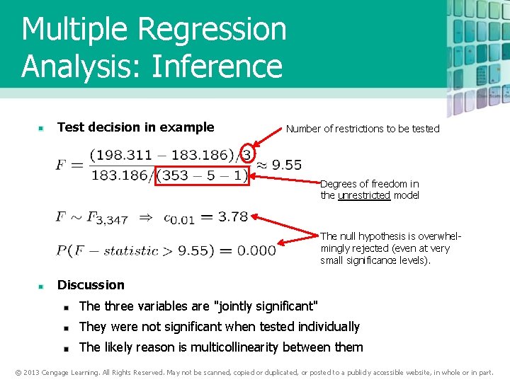 Multiple Regression Analysis: Inference Test decision in example Number of restrictions to be tested