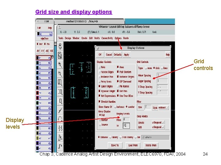 Grid size and display options Grid controls Display levels Chap 3, Cadence Analog Artist