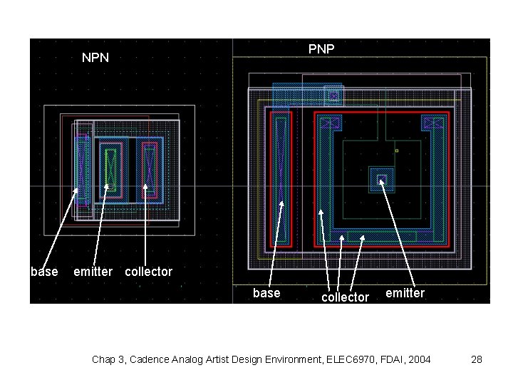 PNP NPN base emitter collector base collector emitter Chap 3, Cadence Analog Artist Design