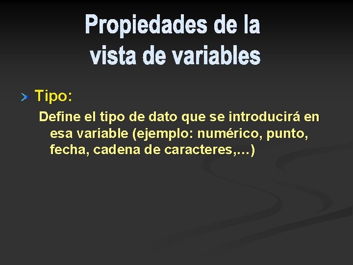 Tipo: Define el tipo de dato que se introducirá en esa variable (ejemplo: numérico,