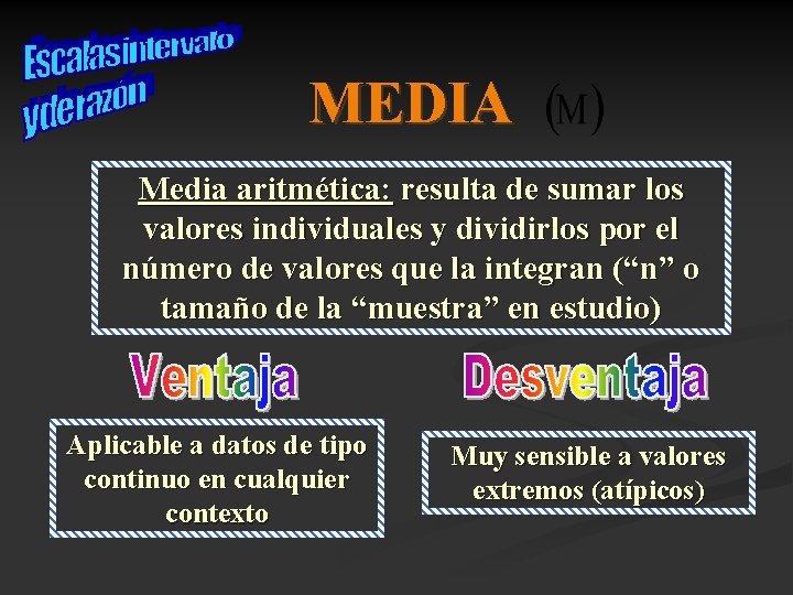 MEDIA Media aritmética: resulta de sumar los valores individuales y dividirlos por el número