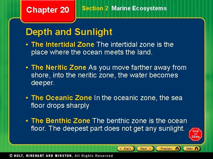 Chapter 20 Section 2 Marine Ecosystems Depth and Sunlight • The Intertidal Zone The Chapter 20 Section 2 Marine Ecosystems Depth and Sunlight • The Intertidal Zone The