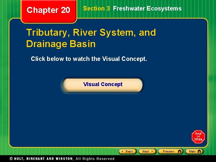 Chapter 20 Section 3 Freshwater Ecosystems Tributary, River System, and Drainage Basin Click below Chapter 20 Section 3 Freshwater Ecosystems Tributary, River System, and Drainage Basin Click below