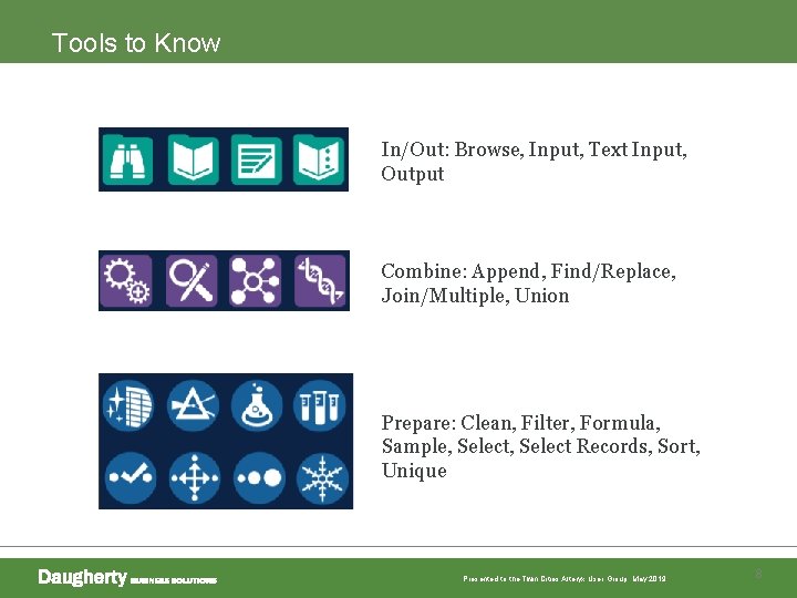 Tools to Know In/Out: Browse, Input, Text Input, Output Combine: Append, Find/Replace, Join/Multiple, Union