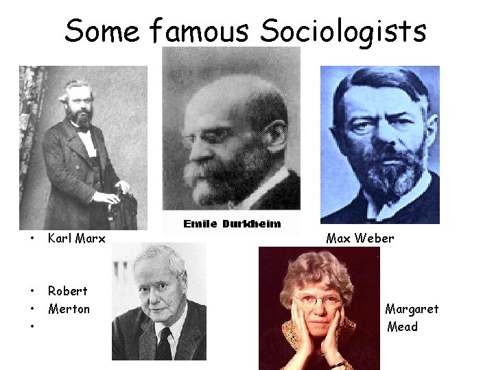 Some famous Sociologists • Karl Marx • • • Robert Merton Max Weber Margaret
