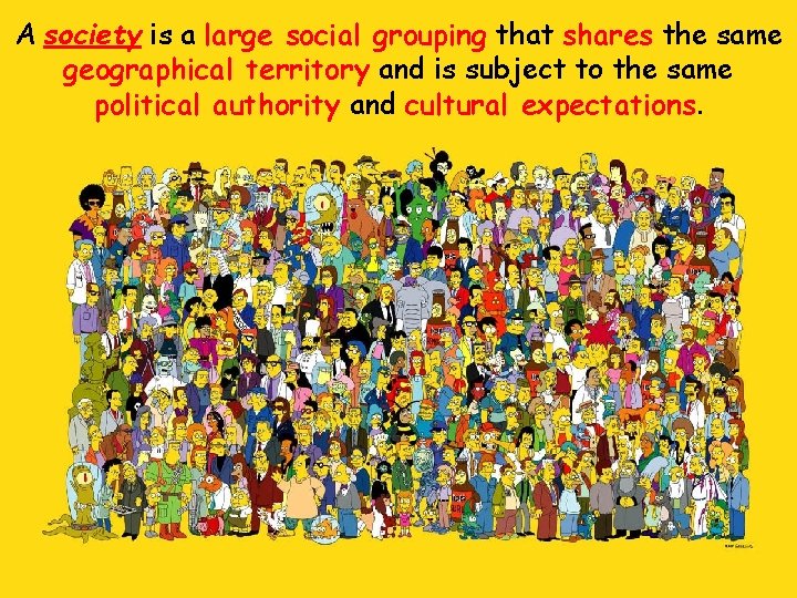 A society is a large social grouping that shares the same geographical territory and