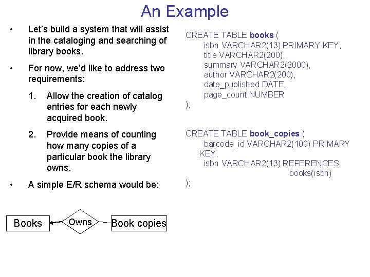 An Example • Let’s build a system that will assist in the cataloging and