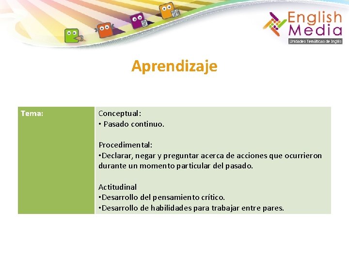 Aprendizaje Tema: Conceptual: • Pasado continuo. Procedimental: • Declarar, negar y preguntar acerca de