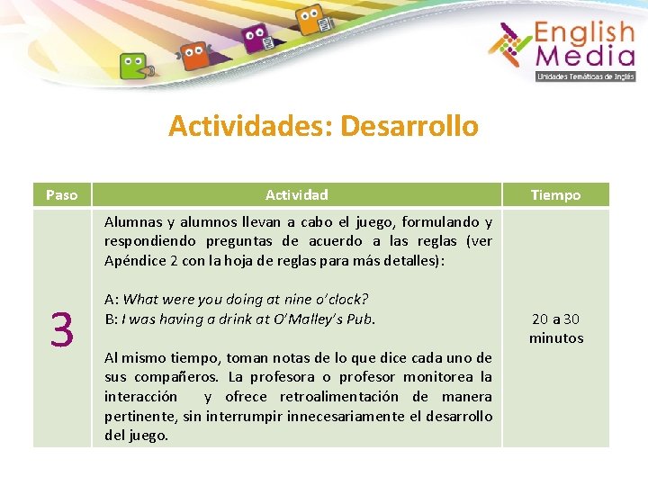 Actividades: Desarrollo Paso Actividad Tiempo Alumnas y alumnos llevan a cabo el juego, formulando