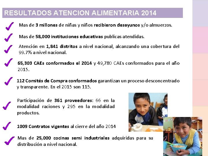 RESULTADOS ATENCION ALIMENTARIA 2014 Mas de 3 millones de niñas y niños recibieron desayunos