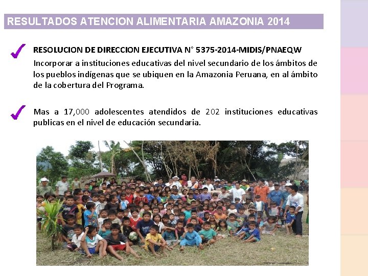 RESULTADOS ATENCION ALIMENTARIA AMAZONIA 2014 RESOLUCION DE DIRECCION EJECUTIVA N° 5375 -2014 -MIDIS/PNAEQW Incorporar