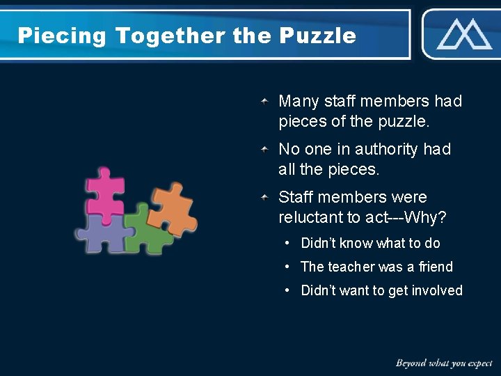 Piecing Together the Puzzle Many staff members had pieces of the puzzle. No one