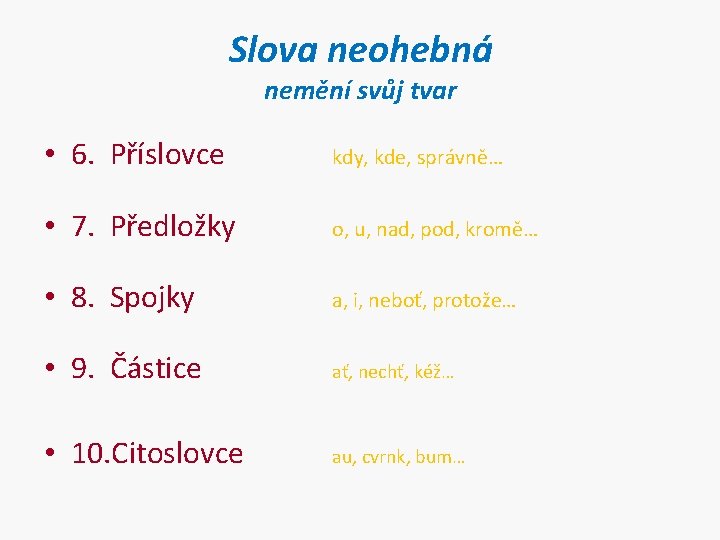 Slova neohebná nemění svůj tvar • 6. Příslovce kdy, kde, správně… • 7. Předložky