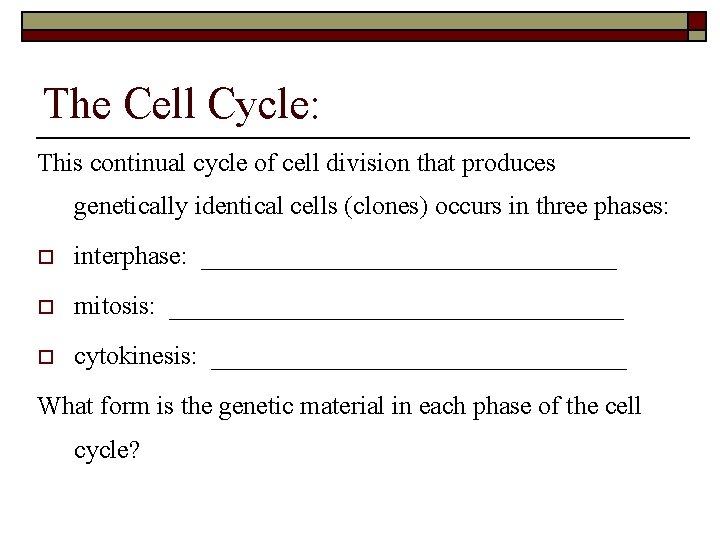 The Cell Cycle: This continual cycle of cell division that produces genetically identical cells