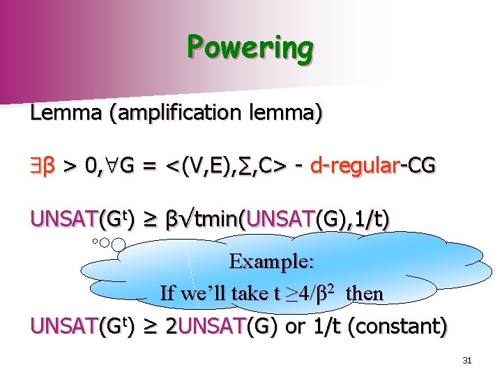 Powering Lemma (amplification lemma) β > 0, G = <(V, E), ∑, C> -