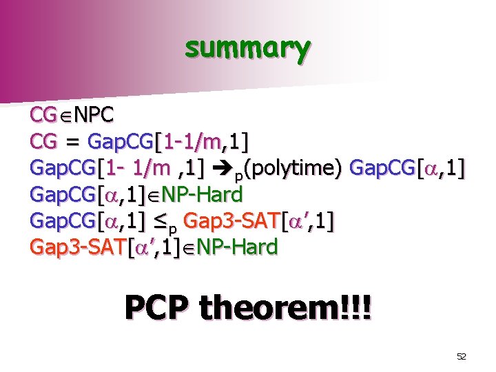 summary CG NPC CG = Gap. CG[1 -1/m, 1] Gap. CG[1 - 1/m ,