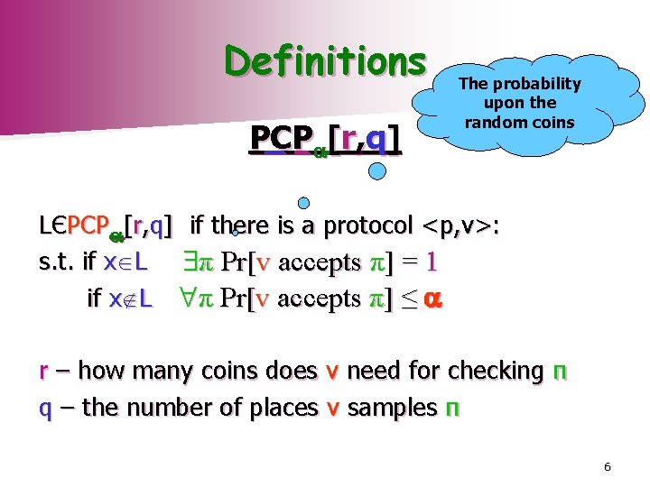 Definitions PCP [r, q] The probability upon the random coins LЄPCP [r, q] if