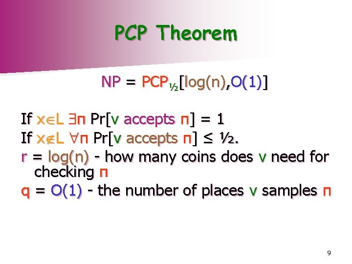 PCP Theorem NP = PCP½[log(n), O(1)] If x L π Pr[v accepts π] =