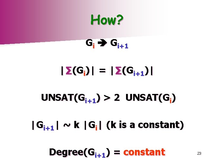 How? Gi Gi+1 |∑(Gi)| = |∑(Gi+1)| UNSAT(Gi+1) > 2 UNSAT(Gi) |Gi+1| ~ k |Gi|