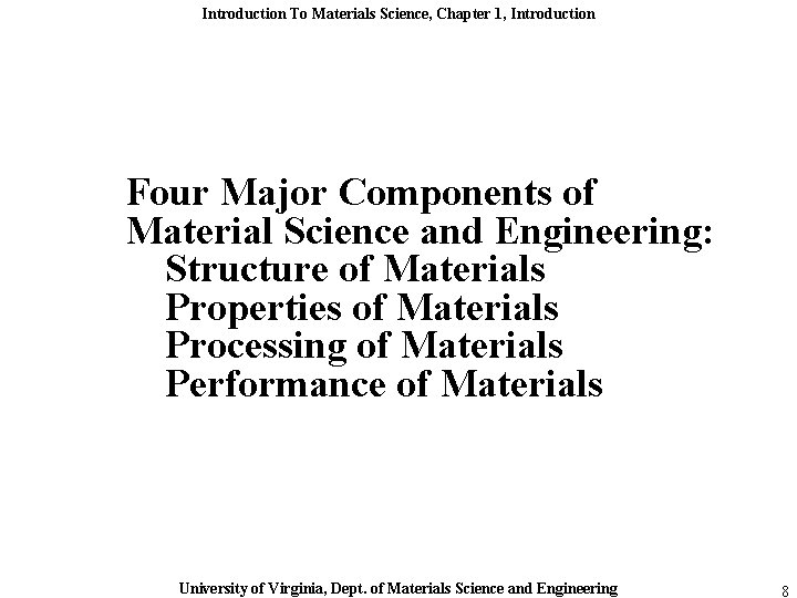 Introduction To Materials Science, Chapter 1, Introduction Four Major Components of Material Science and