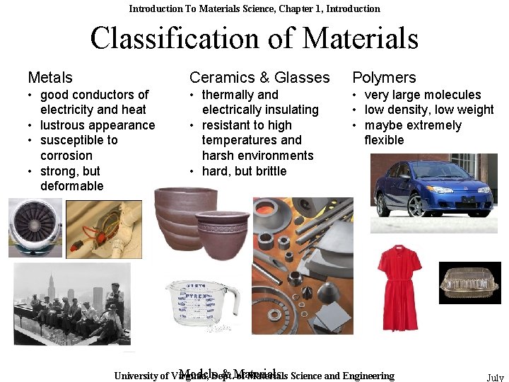 Introduction To Materials Science, Chapter 1, Introduction Classification of Materials Metals Ceramics & Glasses