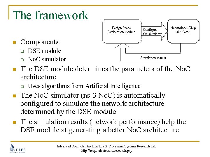 The framework Design Space Exploration module n q n DSE module No. C simulator