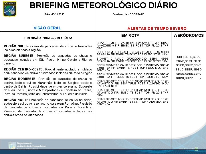 BRIEFING METEOROLÓGICO DIÁRIO Data: 05/11/2019 VISÃO GERAL PREVISÃO PARA AS REGIÕES: REGIÃO SUL: Previsão