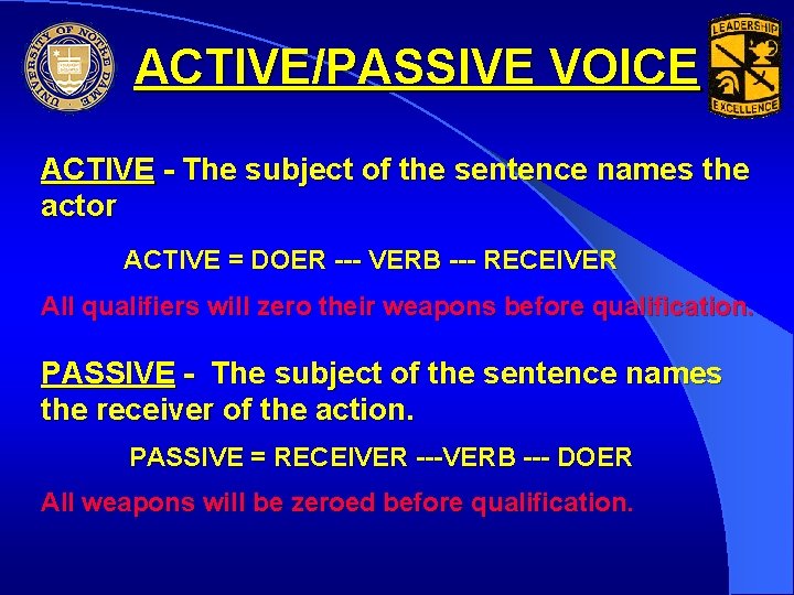 ACTIVE/PASSIVE VOICE ACTIVE - The subject of the sentence names the actor ACTIVE =