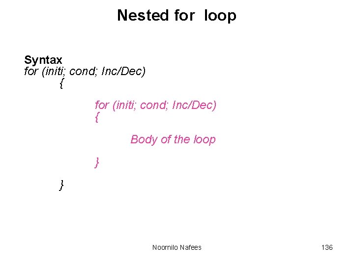 Nested for loop Syntax for (initi; cond; Inc/Dec) { Body of the loop }