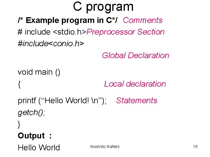 C program /* Example program in C*/ Comments # include <stdio. h>Preprocessor Section #include<conio.