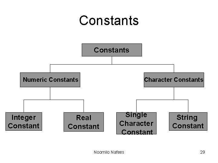 Constants Numeric Constants Integer Constant Character Constants Real Constant Single Character Constant Noornilo Nafees Constants Numeric Constants Integer Constant Character Constants Real Constant Single Character Constant Noornilo Nafees