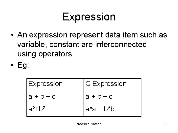 Expression • An expression represent data item such as variable, constant are interconnected using Expression • An expression represent data item such as variable, constant are interconnected using