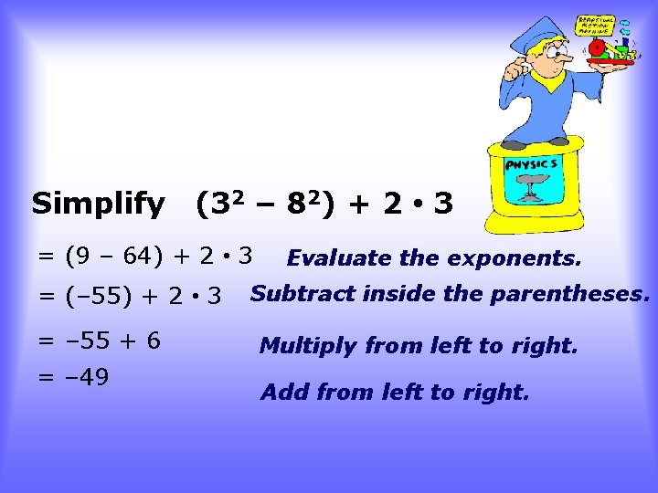 Simplify (32 – 82) + 2 • 3 = (9 – 64) + 2