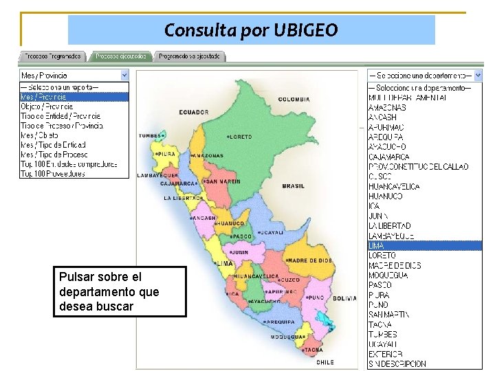 Consulta por UBIGEO Pulsar sobre el departamento que desea buscar 