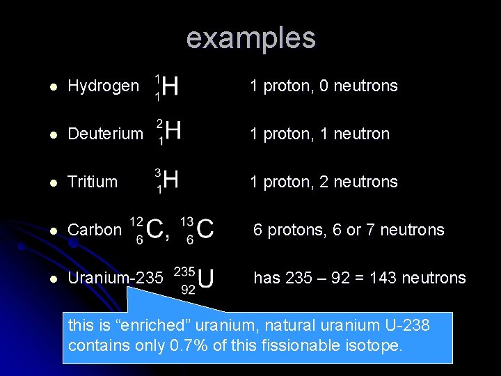 examples l Hydrogen 1 proton, 0 neutrons l Deuterium 1 proton, 1 neutron l