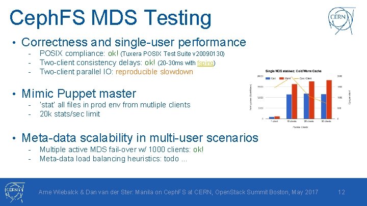 Ceph. FS MDS Testing • Correctness and single-user performance - • Mimic Puppet master