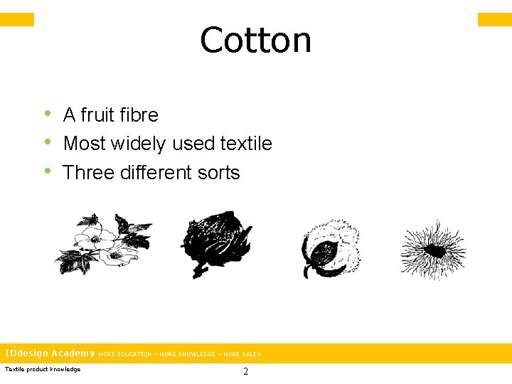 Cotton • A fruit fibre • Most widely used textile • Three different sorts