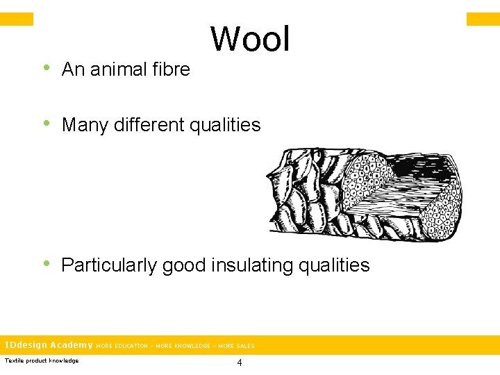  • An animal fibre Wool • Many different qualities • Particularly good insulating