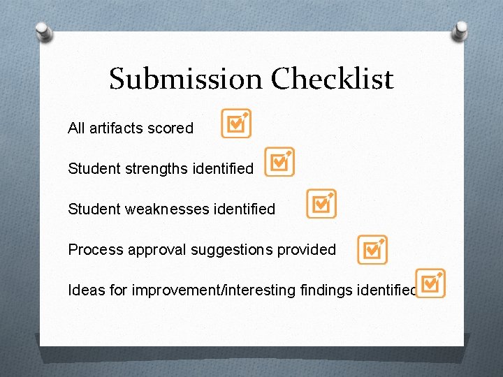Submission Checklist All artifacts scored Student strengths identified Student weaknesses identified Process approval suggestions