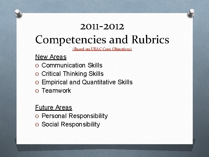 2011 -2012 Competencies and Rubrics (Based on UEAC Core Objectives) New Areas O Communication