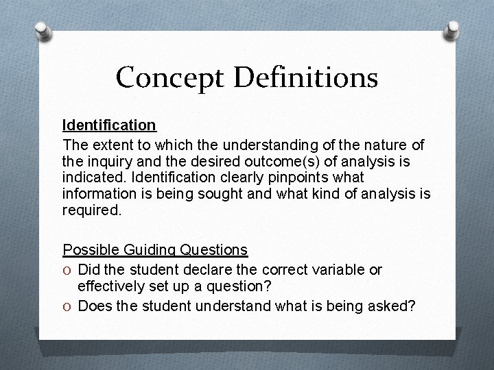 Concept Definitions Identification The extent to which the understanding of the nature of the