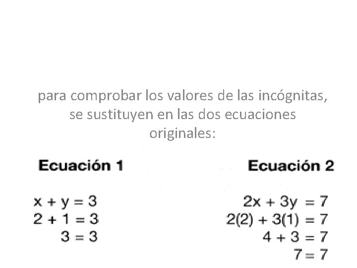 para comprobar los valores de las incógnitas, se sustituyen en las dos ecuaciones originales: