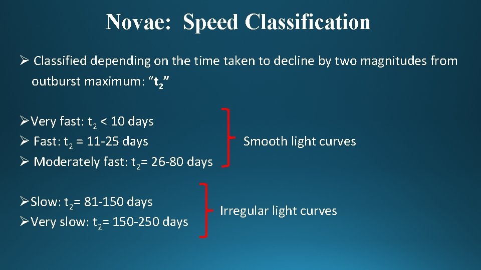 Novae: Speed Classification Ø Classified depending on the time taken to decline by two
