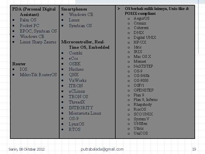 PDA (Personal Digital Assistant) Palm OS Pocket PC EPOC, Symbian OS Windows CE Linux