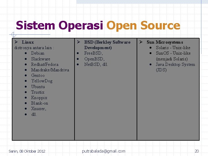 Sistem Operasi Open Source Linux distronya antara lain : Debian Slackware Redhat/Fedora Mandrake/Mandriva Gentoo