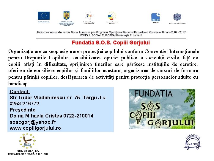 Fundatia S. O. S. Copiii Gorjului Organizaţia are ca scop asigurarea protecţiei copilului conform