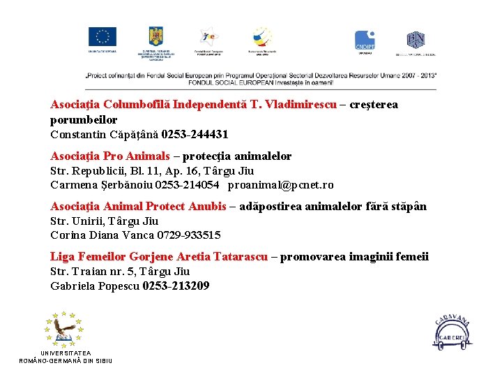 Asociaţia Columbofilă Independentă T. Vladimirescu – creşterea porumbeilor Constantin Căpăţână 0253 -244431 Asociaţia Pro