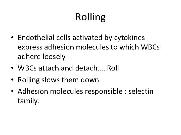 Rolling • Endothelial cells activated by cytokines express adhesion molecules to which WBCs adhere