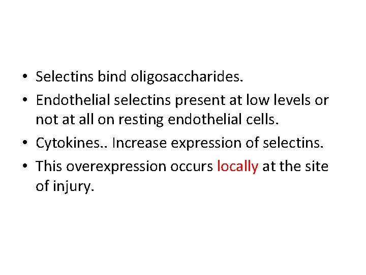  • Selectins bind oligosaccharides. • Endothelial selectins present at low levels or not