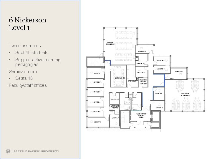 6 Nickerson Level 1 Two classrooms • Seat 40 students • Support active learning